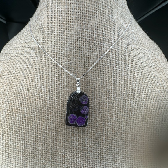 Jewelry - Arch Shaped Deer and Flowers Sugilite Pendant on Sterling Silver Box Chain